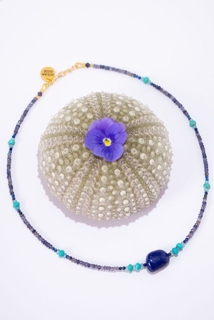 Lapis Lazuli, Campitos Turquoise, Iolite, Sodalite, and Apatite.