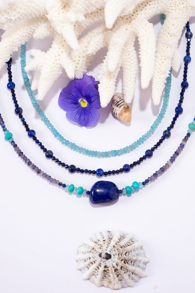 Lapis Lazuli, Campitos Turquoise, Iolite, Sodalite, and Apatite.