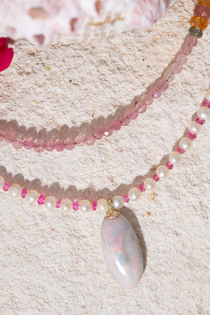 This delicate pearl, opal & spinel necklace is an enchanting piece.