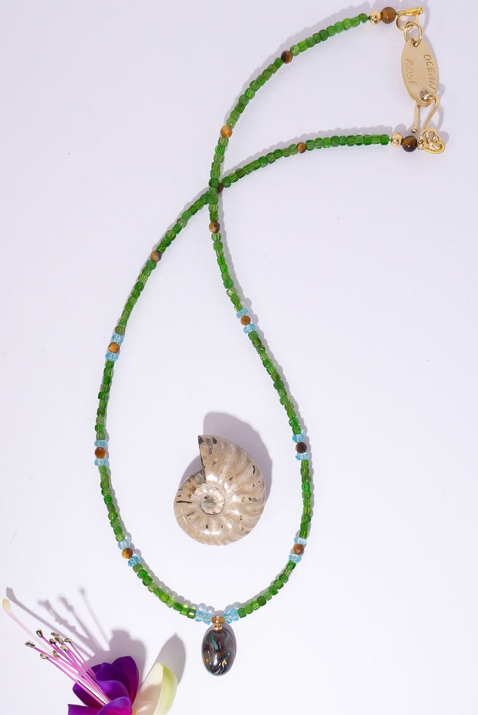Inspired by the colours of a tropical rainforest this delicate gemstone necklace is brought to life by the intense eye catching colour of chrome diopside.