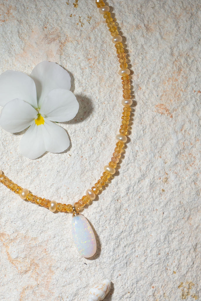 Gorgeous and glowing this beautiful opal & gemstone necklace sings of happy Summer days.
