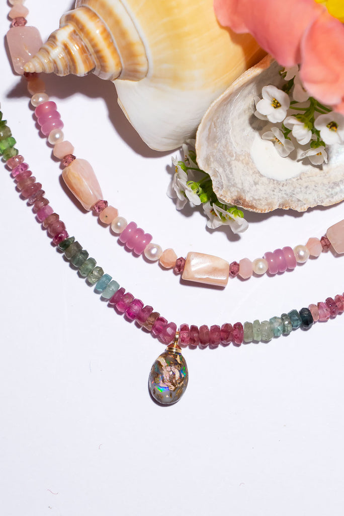 Find a secret garden of colour hidden with this gorgeous Australian Boulder Opal and tonal tourmaline necklace.