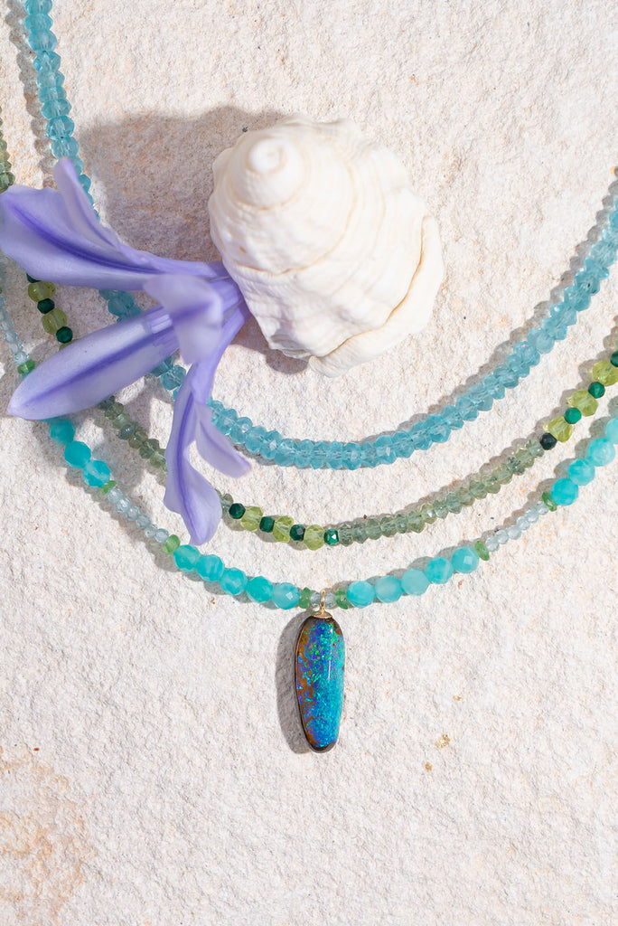 Discover the cool waterfall colours of Amazonite, Aquamarine, Tsavorite and Australian Boulder Opal.