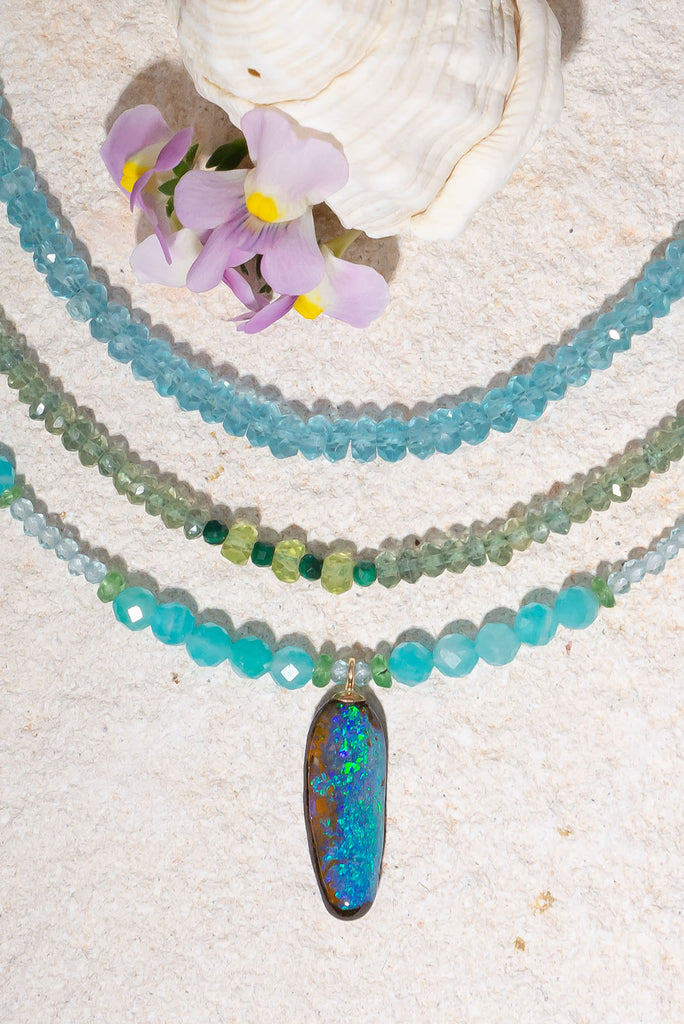 Discover the cool waterfall colours of Amazonite, Aquamarine, Tsavorite and Australian Boulder Opal.