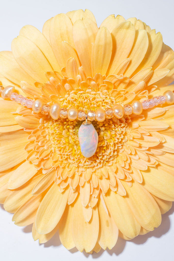 The palest peachy pink pearls and a tiny drop of crystal Opal, this darling necklace is so feminine and utterly adorable.
