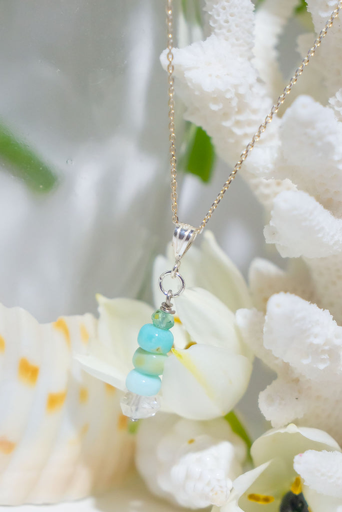 The Necklace Precious Droplet Herkimer Diamond is a gorgeous handmade, natural herkimer diamond droplet with Peruvian opal and prehnite.