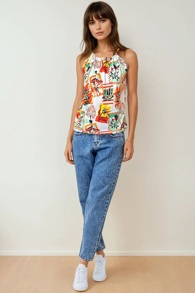 Nuance Tan Postcards Tie Top. The adjustable neckline adds versatility while the bloused cut offers a relaxed and stylish fit.