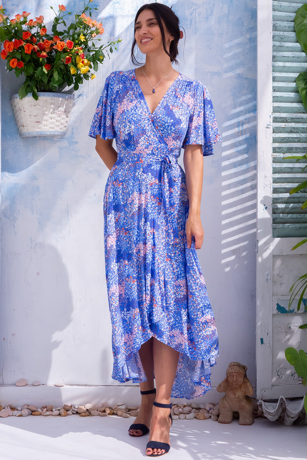 Navy floral maxi wrap dress hotsell