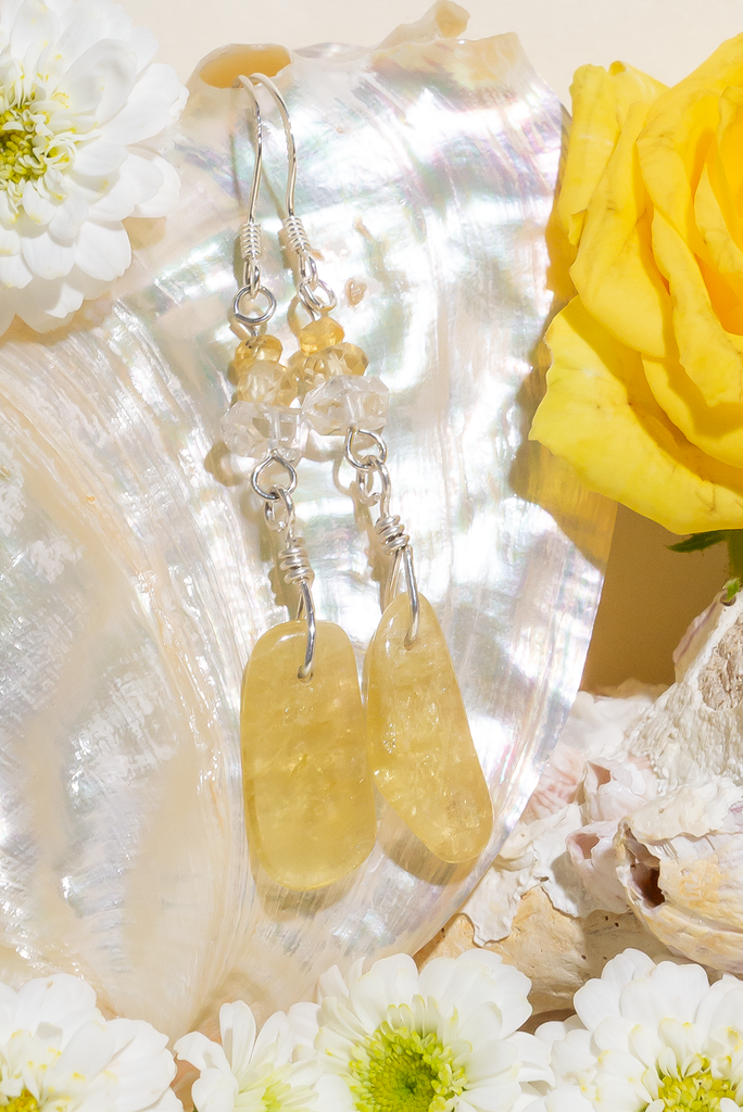 Warm and inviting Tourmaline Crystallised Honey Earrings featuring citrine, sapphire, Herkimer diamond, and pale yellow tourmaline. Handmade in Brisbane, by Ocean Rose Jewels, with sterling silver findings.
