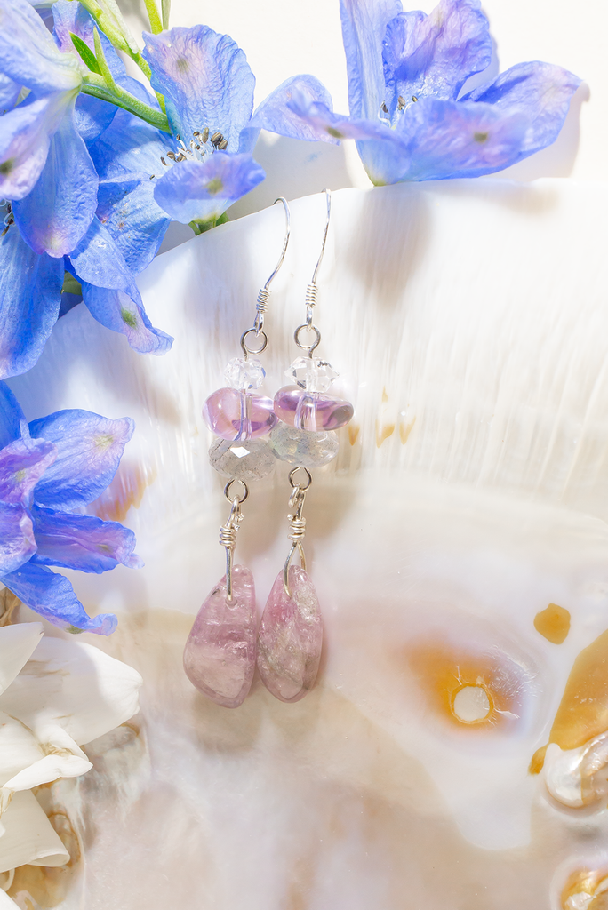 Mystical Tourmaline Lavender Haze Earrings featuring Herkimer diamond, amethyst, labradorite, and purple tourmaline. Handmade in Brisbane, by Ocean Rose Jewels, with sterling silver findings.