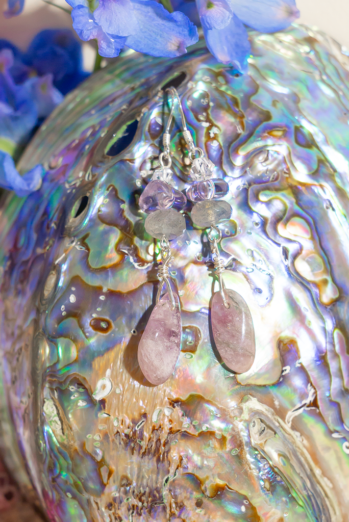 Mystical Tourmaline Lavender Haze Earrings featuring Herkimer diamond, amethyst, labradorite, and purple tourmaline. Handmade in Brisbane, by Ocean Rose Jewels, with sterling silver findings.