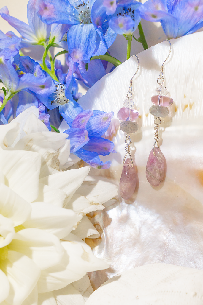 Mystical Tourmaline Lavender Haze Earrings featuring Herkimer diamond, amethyst, labradorite, and purple tourmaline. Handmade in Brisbane, by Ocean Rose Jewels, with sterling silver findings.