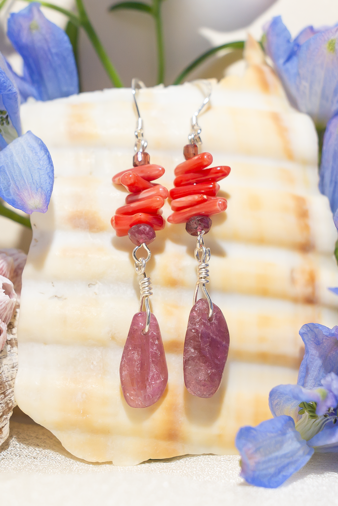 Vibrant Tourmaline Pink Seas Earrings featuring garnet, color-treated branch-colored rhodolite garnet, and pink tourmaline. Handmade in Brisbane, by Ocean Rose Jewels, with sterling silver findings.