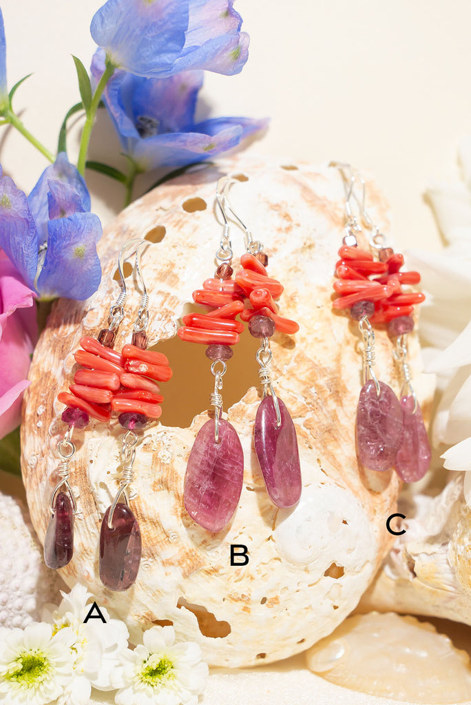 Vibrant Tourmaline Pink Seas Earrings featuring garnet, color-treated branch-colored rhodolite garnet, and pink tourmaline. Handmade in Brisbane, by Ocean Rose Jewels, with sterling silver findings.