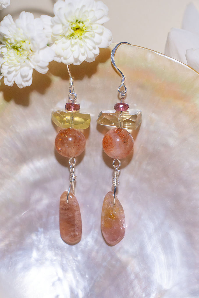 Fiery Tourmaline Sunset Fire Earrings featuring rhodolite garnet, heliodor, natural sunstone, and peachy pink tourmaline. Handmade nature-inspired jewelry crafted in Brisbane by Ocean Rose Jewels.