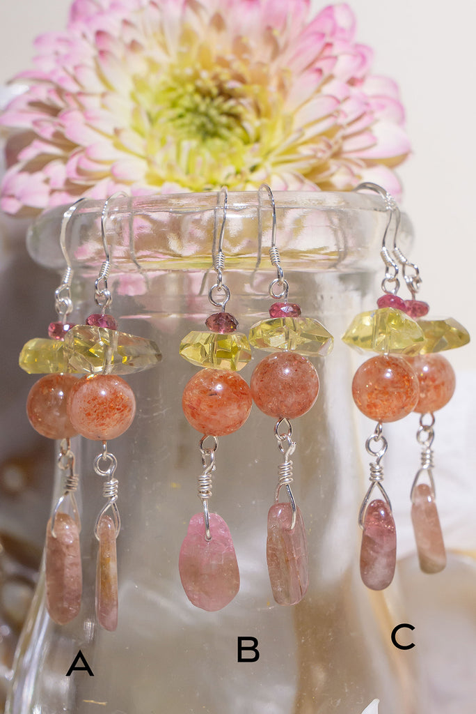 Fiery Tourmaline Sunset Fire Earrings featuring rhodolite garnet, heliodor, natural sunstone, and peachy pink tourmaline. Handmade nature-inspired jewelry crafted in Brisbane by Ocean Rose Jewels.