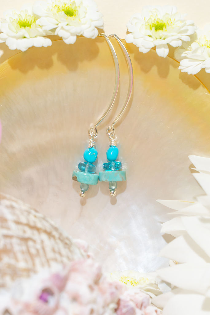 Handmade Turquoise Sky Stack Earrings with Kingman turquoise, apatite, and Campitos turquoise, adorned with sterling silver findings, crafted in Brisbane by Ocean Rose Jewels.