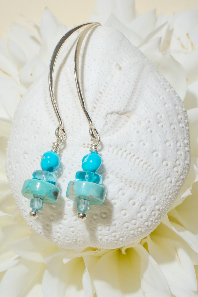 Handmade Turquoise Sky Stack Earrings with Kingman turquoise, apatite, and Campitos turquoise, adorned with sterling silver findings, crafted in Brisbane by Ocean Rose Jewels.