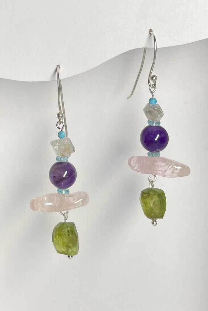 Drop style earrings statement earrings. 925 silver hook earrings. Stones are Herkimer Diamond crystal, Turquoise, Aquamarine, Amethyst, Rose Quartz and Peridot.