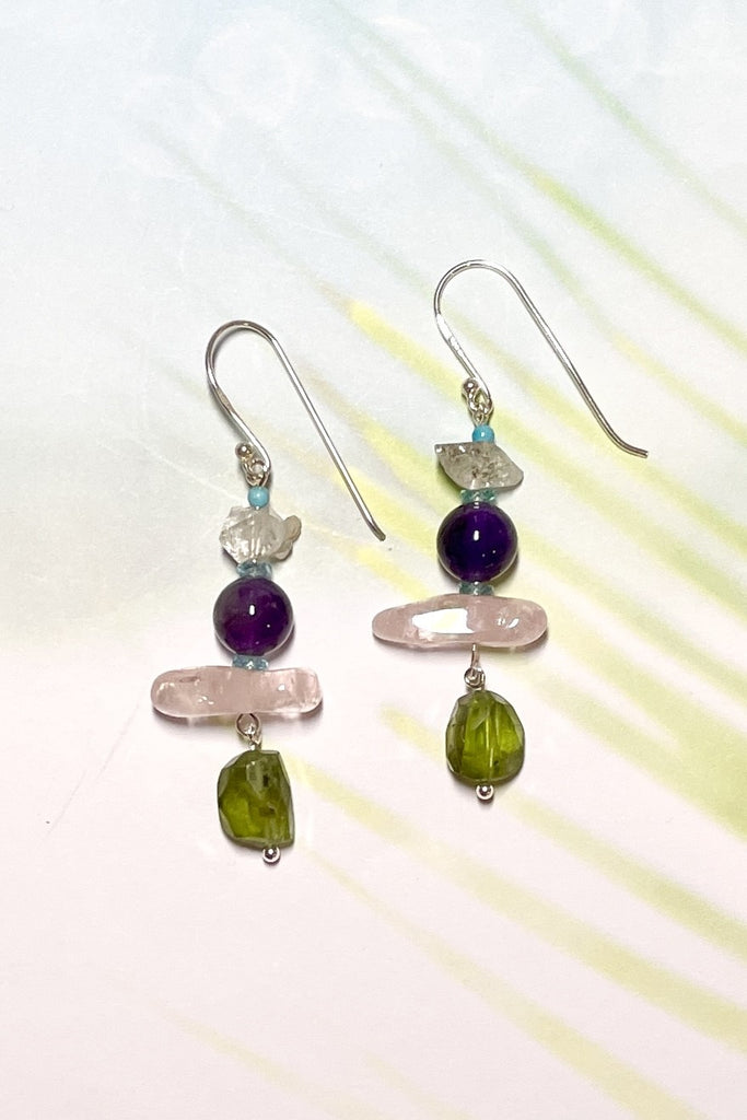 Drop style earrings statement earrings. 925 silver hook earrings. Stones are Herkimer Diamond crystal, Turquoise, Aquamarine, Amethyst, Rose Quartz and Peridot.