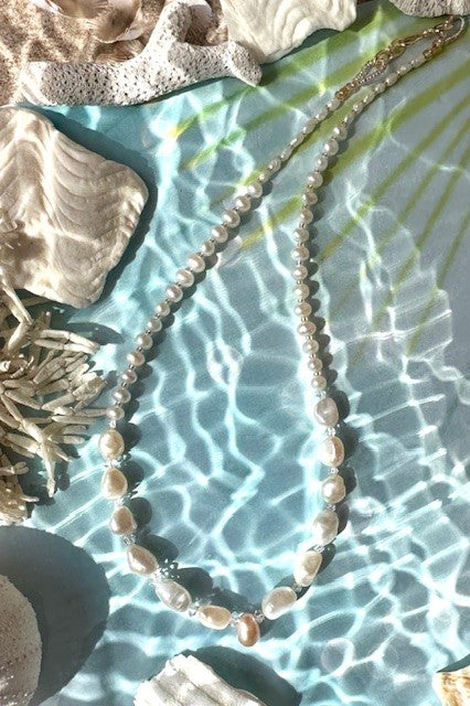 AA grade freshwater pearl necklace, interspaced with Herkimer Diamond beads.