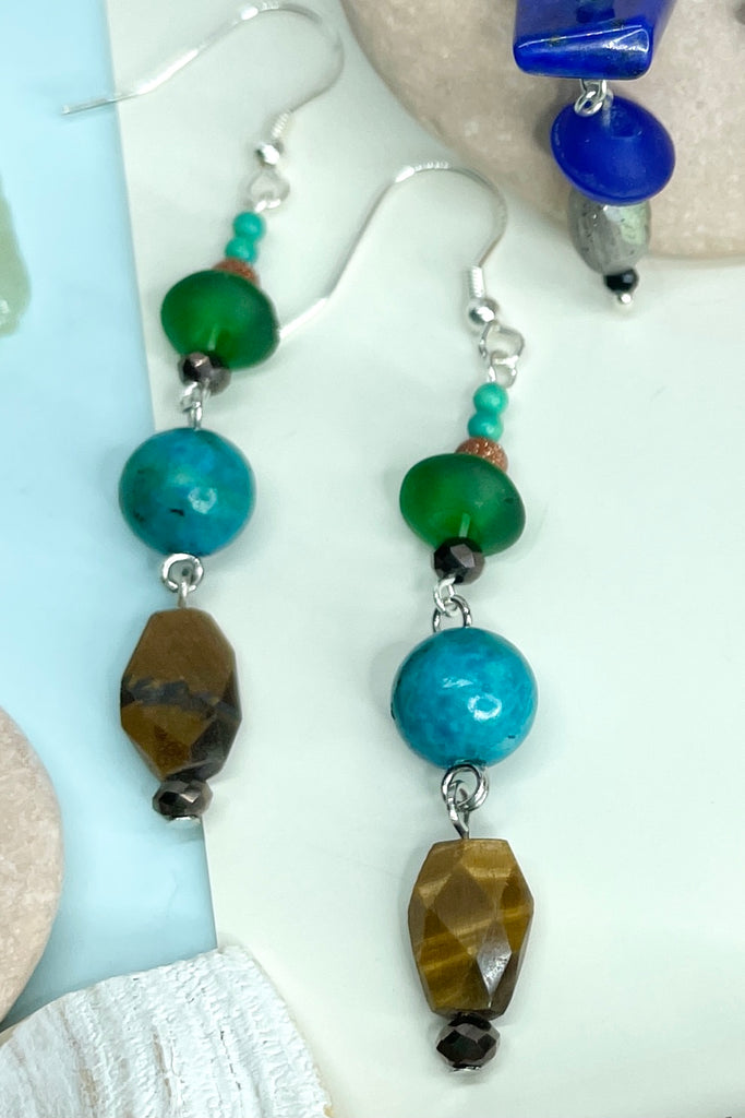 A natural Chrysacolla gemstone in a chic style with a boho vibe, earrings 