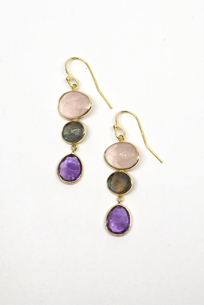 Oracle Earrings Golden Pink Moons sport the best of rose quartz, amethyst and other pink stones