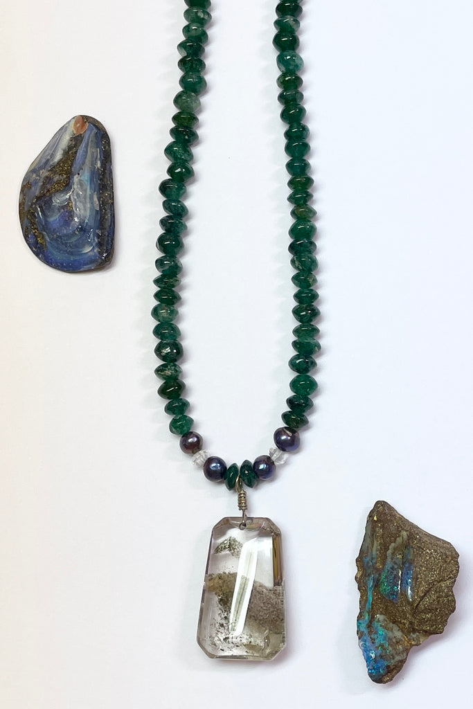 Lodalite Crystal pendant, handmade in our Noosa Studio using green quartz, Labradorite and Pearls