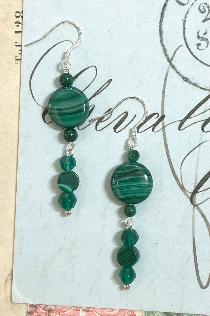 Malachite bead drop earrings made exclusively for Mombasa Rose by Frocks and Rocks designer Gracie. 