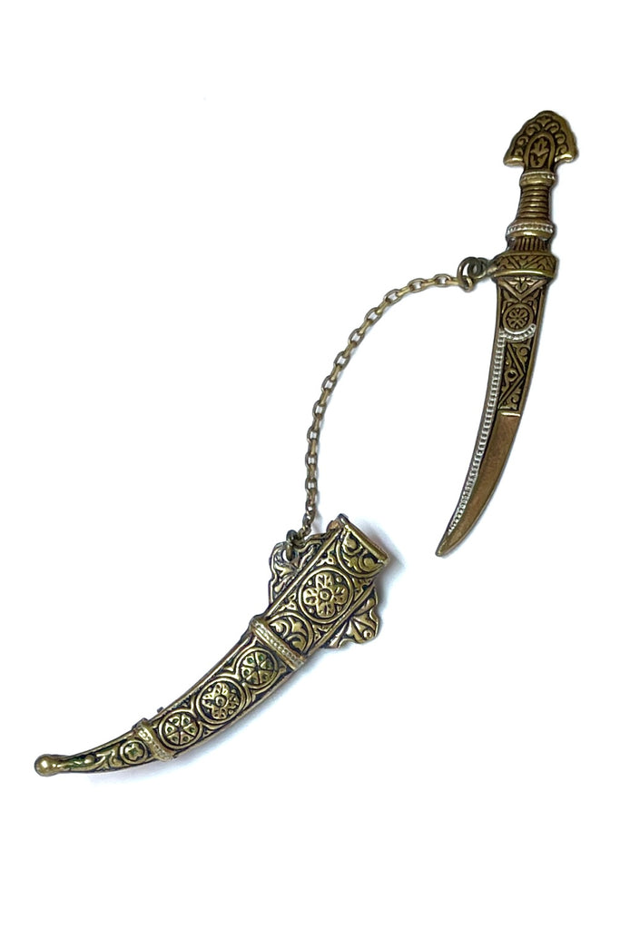 Vintage Damascene dagger and sheath brooch.