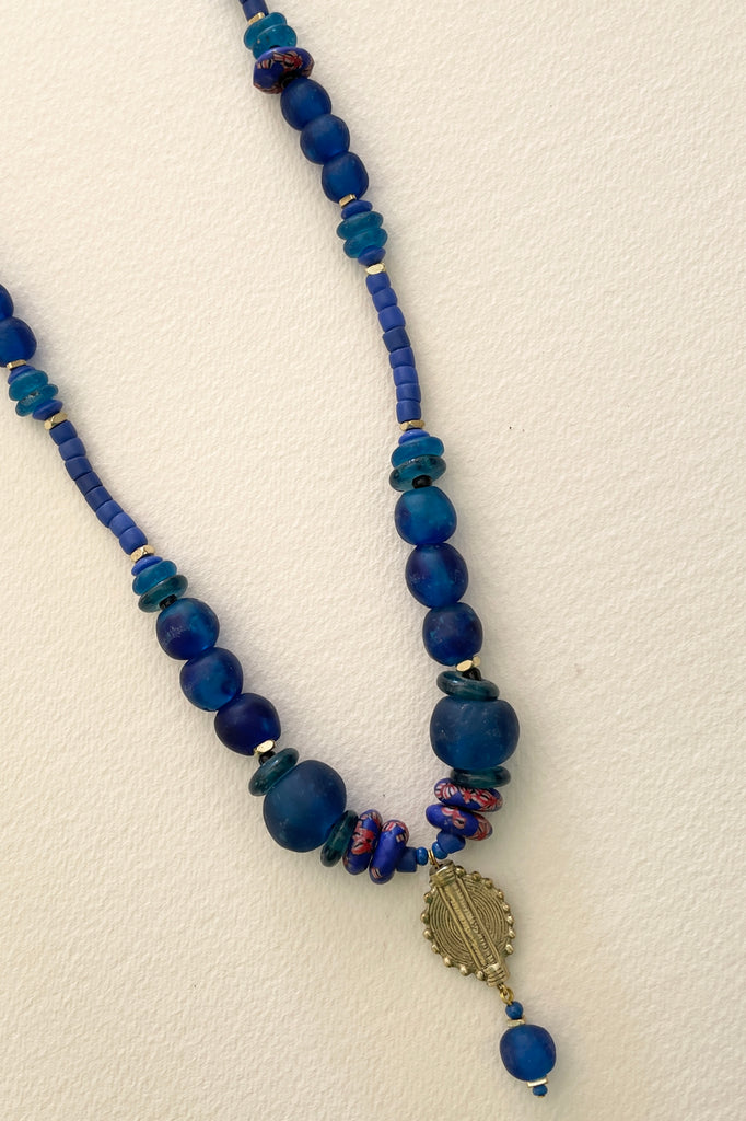 This necklace is from our exclusive range of jewellery highlighting the beautiful African recycled powder glass beads made by the people of Krobo Mountain in Ghana, West Africa.