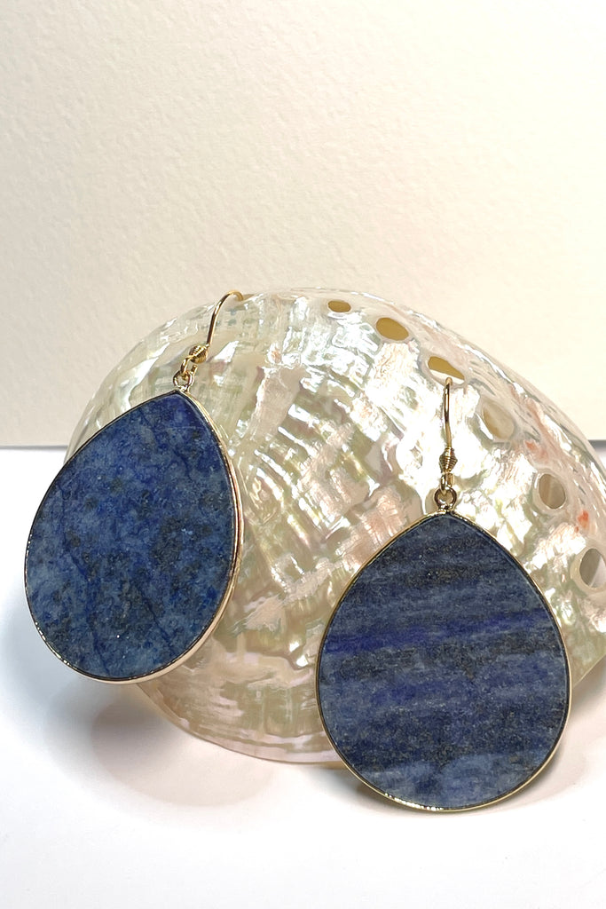 Lapis Lazuli drop earrings, featuring a gorgeous slim leaf of Lapis edged in goldtone. Natural stone 
