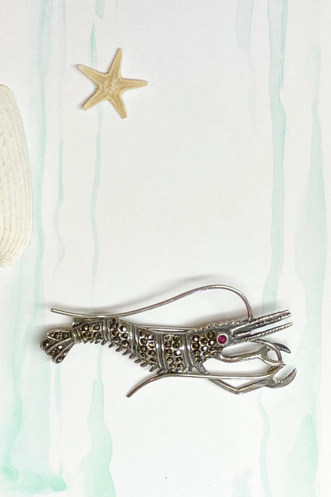  sterling silver sparkling marcasite brooch in the form of a prawn.