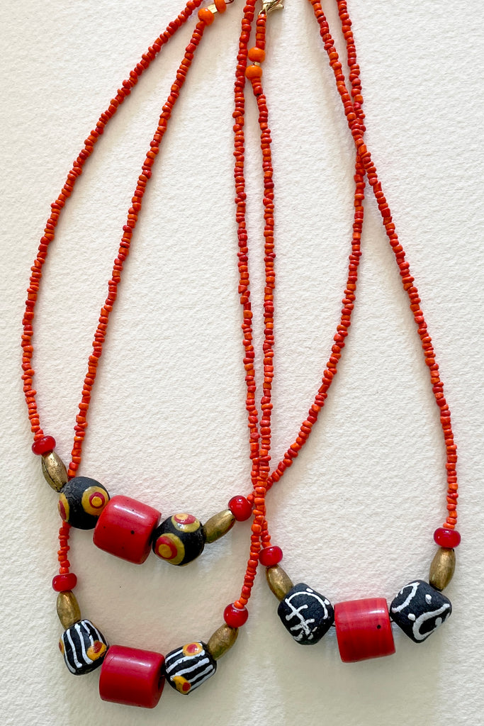 This necklace is from our range of jewellery made using beautiful African powder glass beads made by the people of Krobo Mountain in Ghana, West Africa.