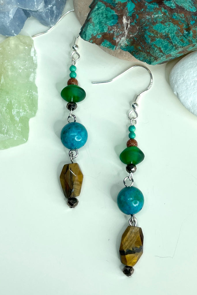 A natural Chrysacolla gemstone in a chic style with a boho vibe, earrings 