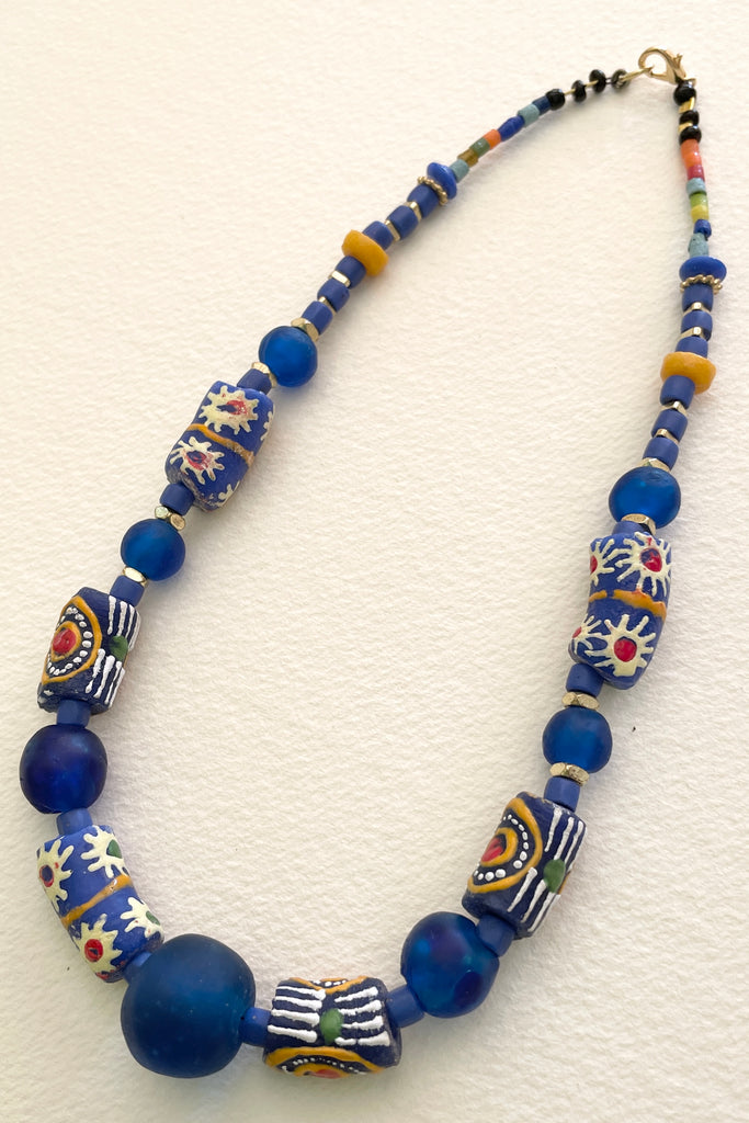 This necklace is from our exclusive range of jewellery highlighting the beautiful African recycled powder glass beads made by the people of Krobo Mountain in Ghana