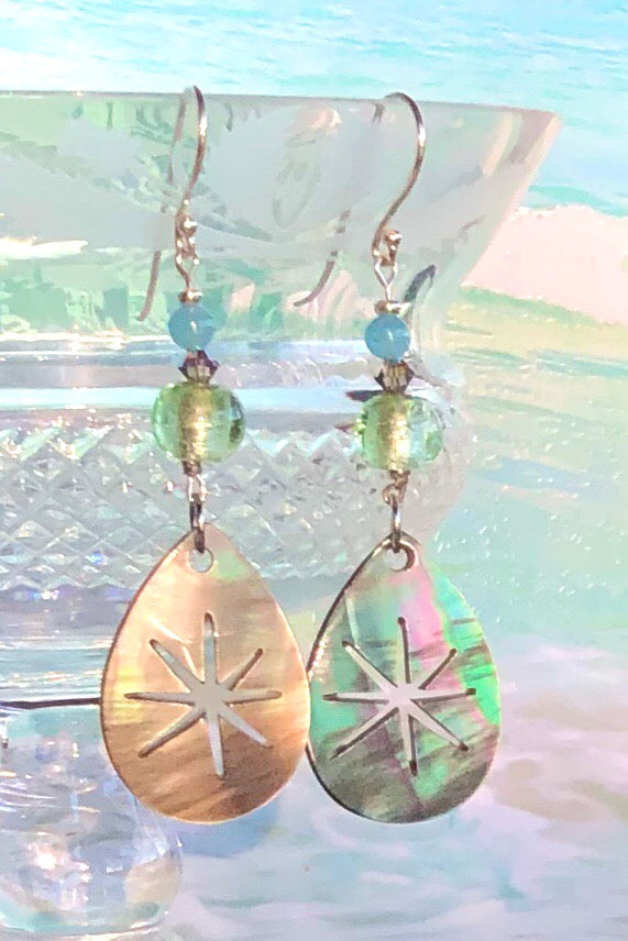  Earrings Serendipity Starburst silvery grey Shell are handmade exclusively for us in Noosa. The luminescent Mother of Pearl shell has been hand cut and polished. 