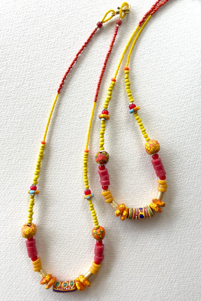 necklace is from our exclusive range of jewellery highlighting the beautiful African recycled powder glass beads made by the people of Krobo Mountain in Ghana