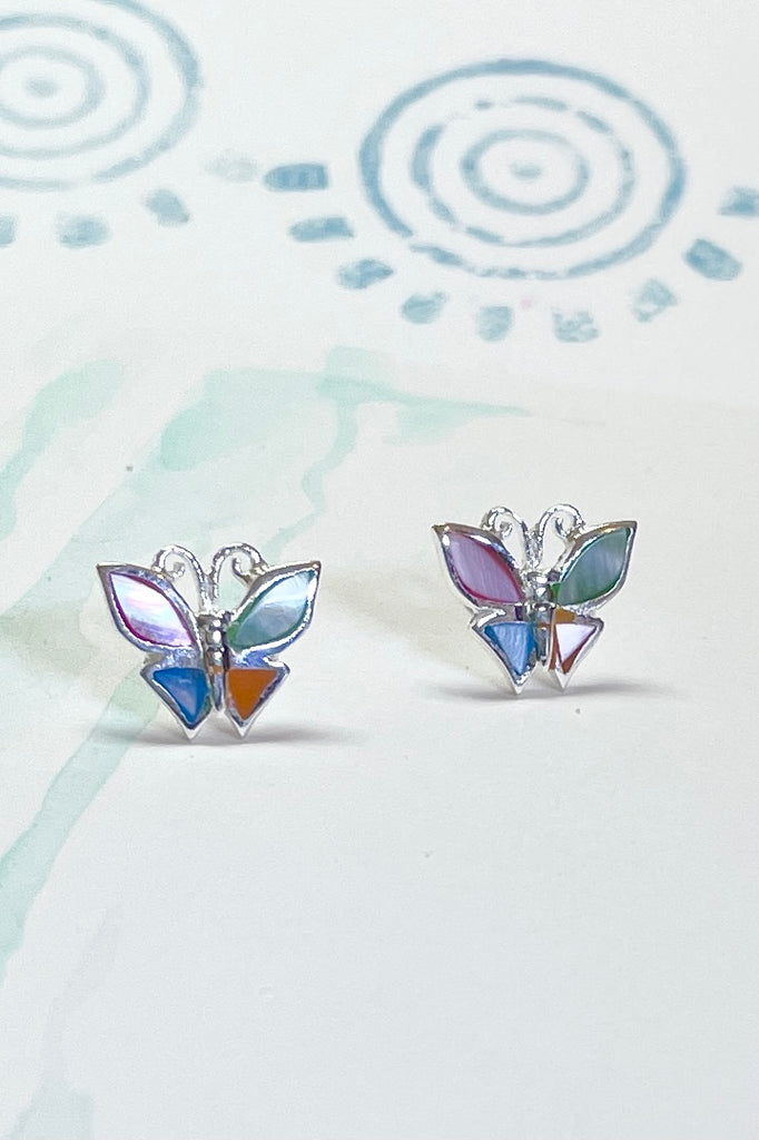 Earrings tiny butterflies, coloured mother of pearl shell in 925 Silver,