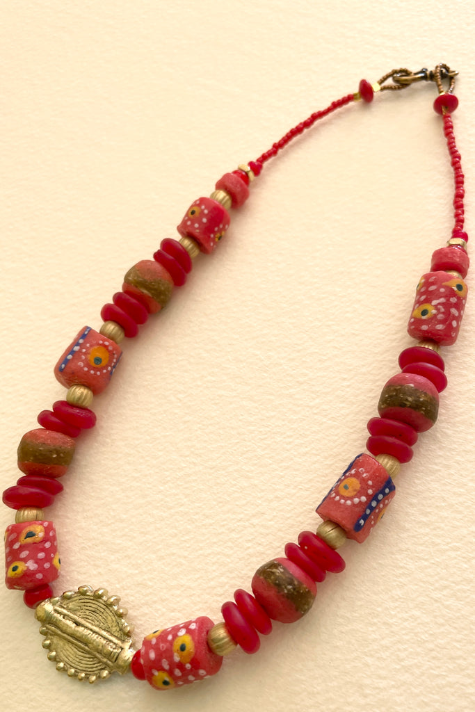 This necklace is from our exclusive range of jewellery highlighting the beautiful African recycled powder glass beads made by the people of Krobo Mountain in Ghana