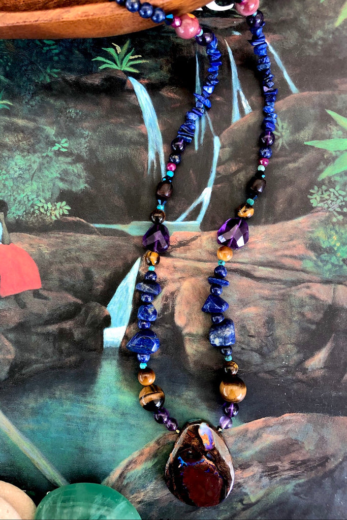 This necklace has been designed using many different semi precious gemstones