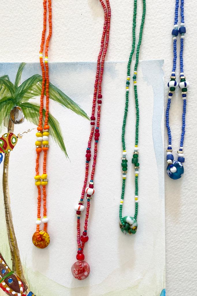 This necklace is from our exclusive range of jewellery highlighting the beautiful African recycled powder glass beads made by the people of Krobo Mountain in Ghana, West Africa.