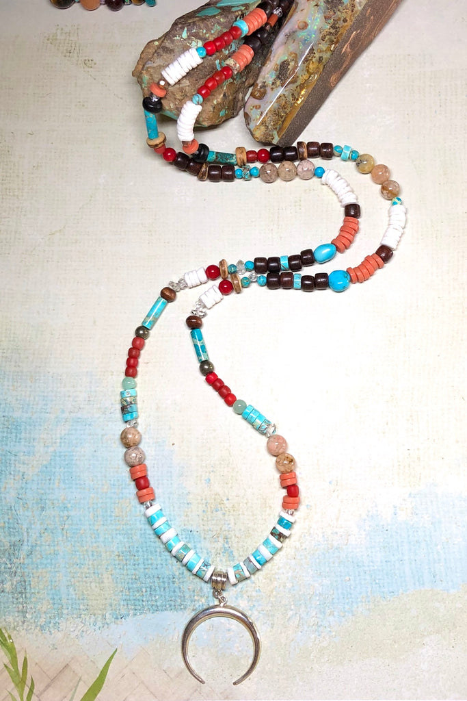 Necklace Cay Crescent Tucson with Natural Gemstones, 925 sterling silver pendant, Stones include Coral, Rock Crystal, Howlite, Haematite, Antique Glass, Rose Quartz, Shell and Antique African beads.