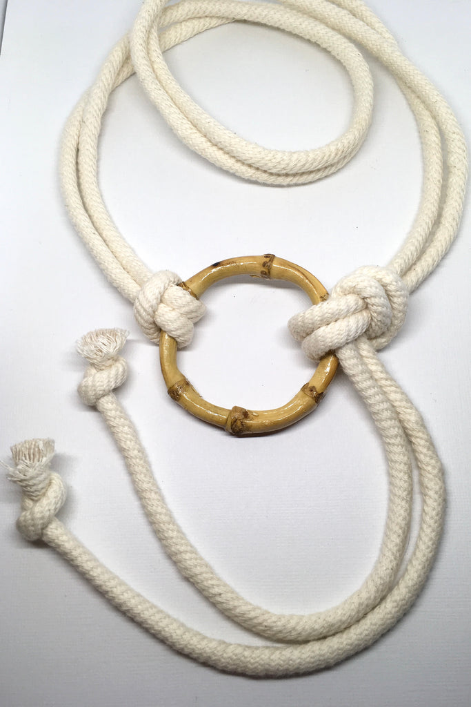 A luxurious rope tie belt with a funky bamboo belt buckle