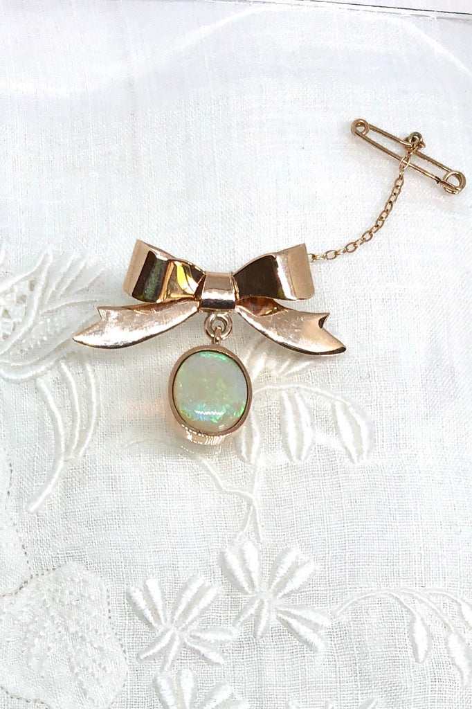 Vintage Solid Opal and 9ct Gold Bow Brooch