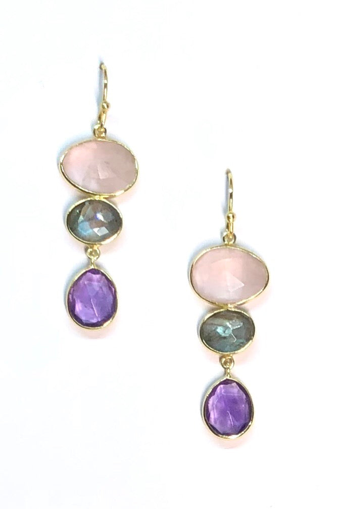 Oracle Earrings Golden Pink Moons sport the best of rose quartz, amethyst and other pink stones