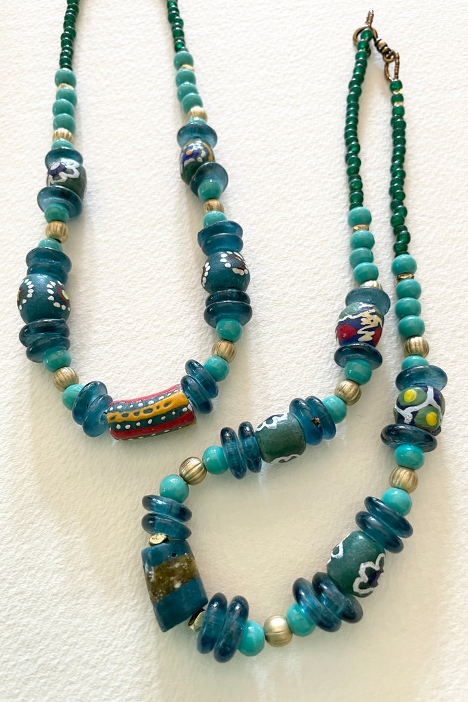 This necklace is from our exclusive range of jewellery highlighting the beautiful African recycled powder glass beads made by the people of Krobo Mountain in Ghana, West Africa.