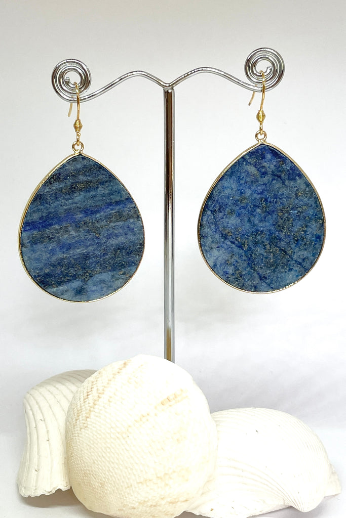 Lapis Lazuli drop earrings, featuring a gorgeous slim leaf of Lapis edged in goldtone. Natural stone 