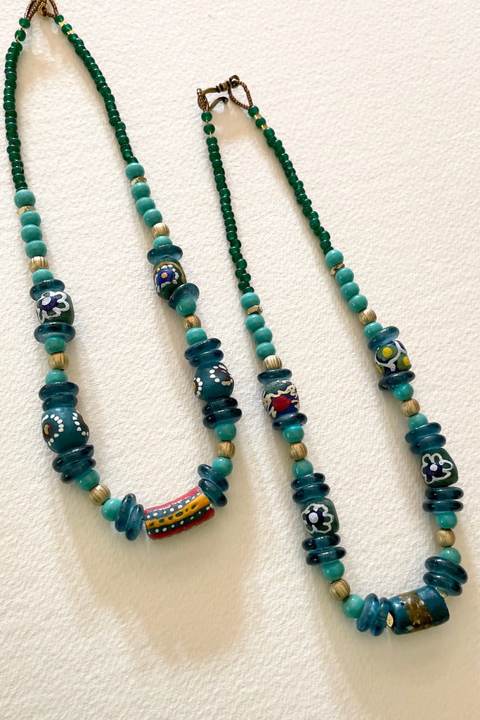 This necklace is from our exclusive range of jewellery highlighting the beautiful African recycled powder glass beads made by the people of Krobo Mountain in Ghana, West Africa.