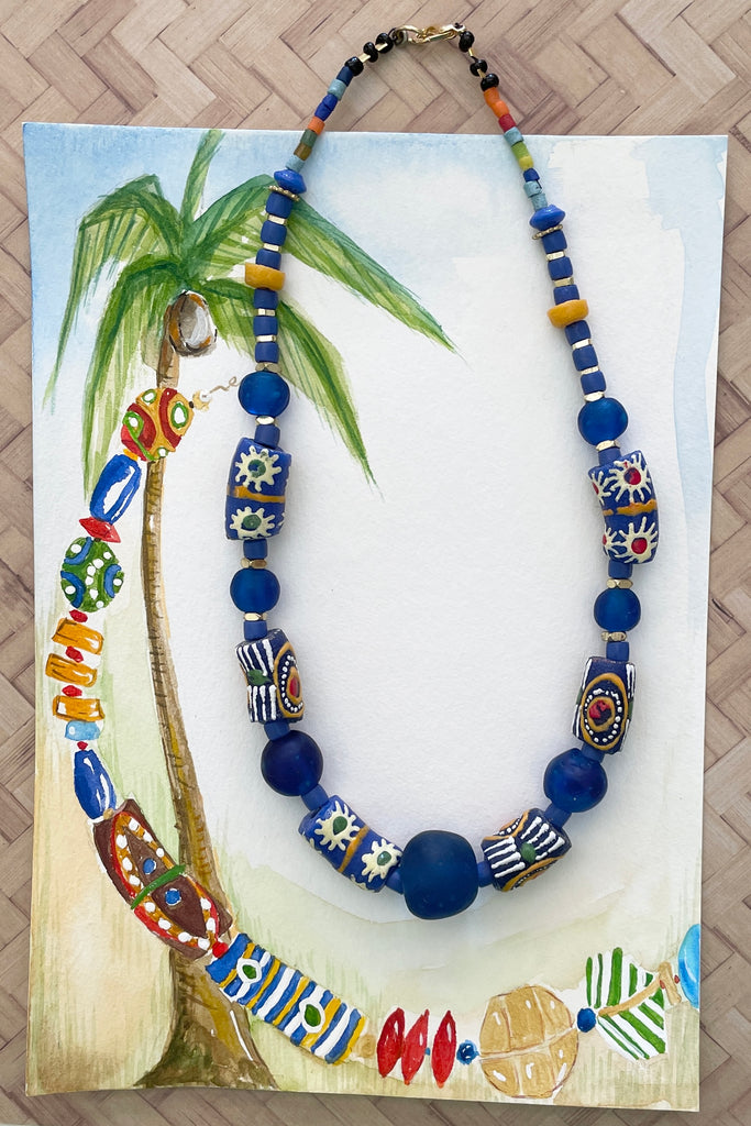 This necklace is from our exclusive range of jewellery highlighting the beautiful African recycled powder glass beads made by the people of Krobo Mountain in Ghana